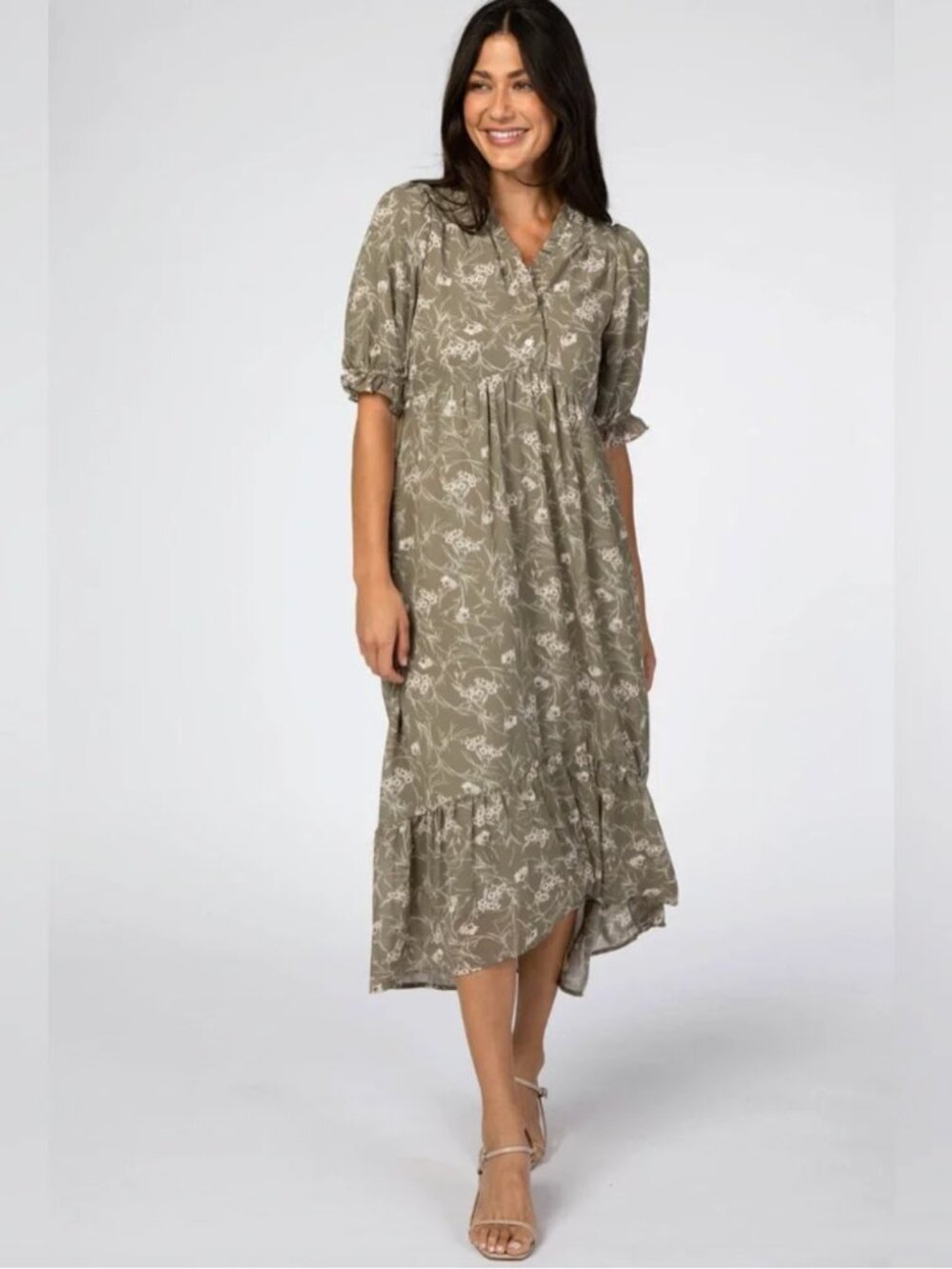 Baltic Born | "Parker" Olive Floral Chiffon Ruffle Trim Hi-Low Midi Dress XS